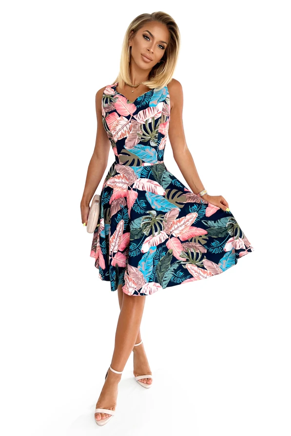 114-17 Flared dress - heart-shaped neckline - navy blue with pink leaves