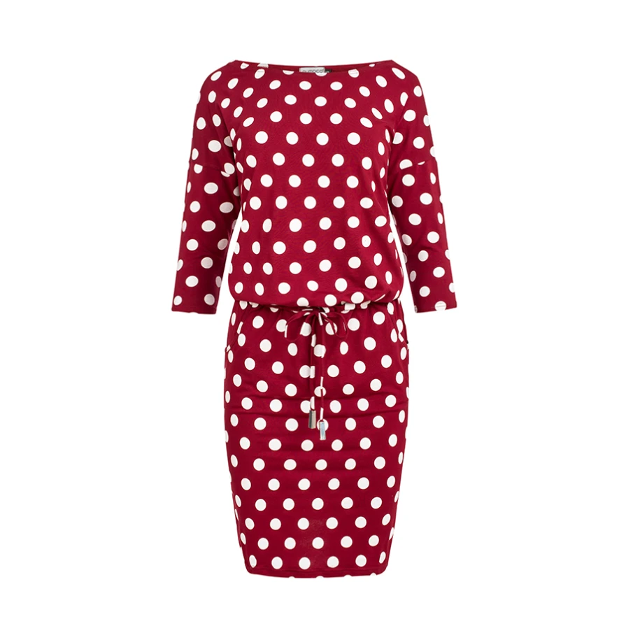 A red dress with white polka dots features a casual, sporty design with three-quarter sleeves and a drawstring waist. The knee-length cut and relaxed fit make it perfect for everyday wear.