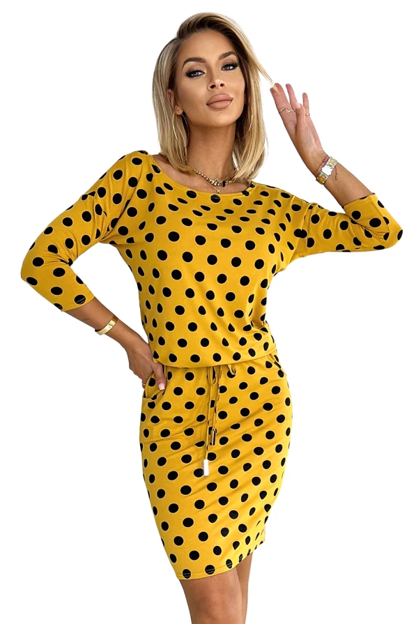 13-152 Sports dress with binding and pockets - mustard with black polka dots