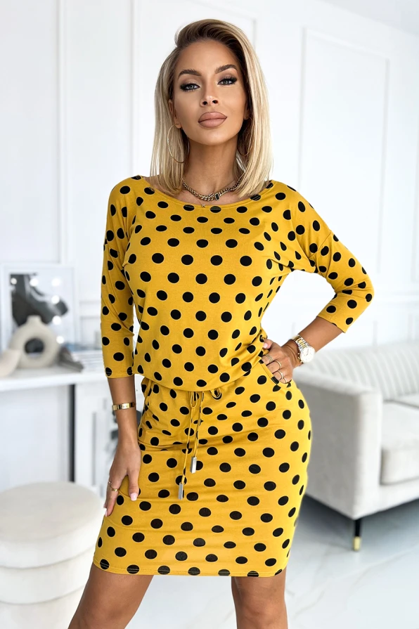 13-152 Sports dress with binding and pockets - mustard with black polka dots