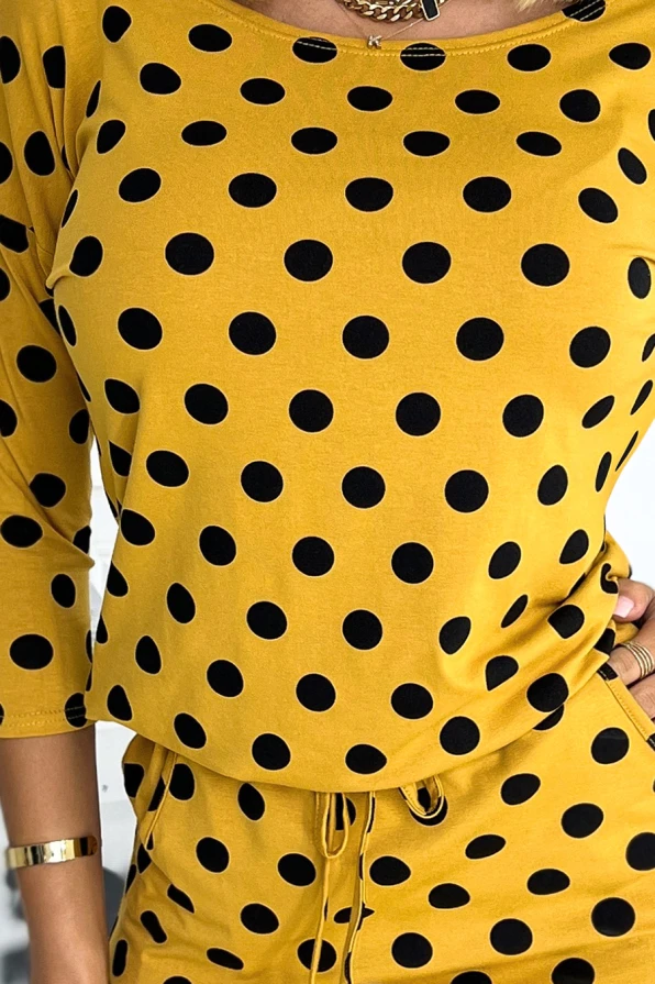 13-152 Sports dress with binding and pockets - mustard with black polka dots