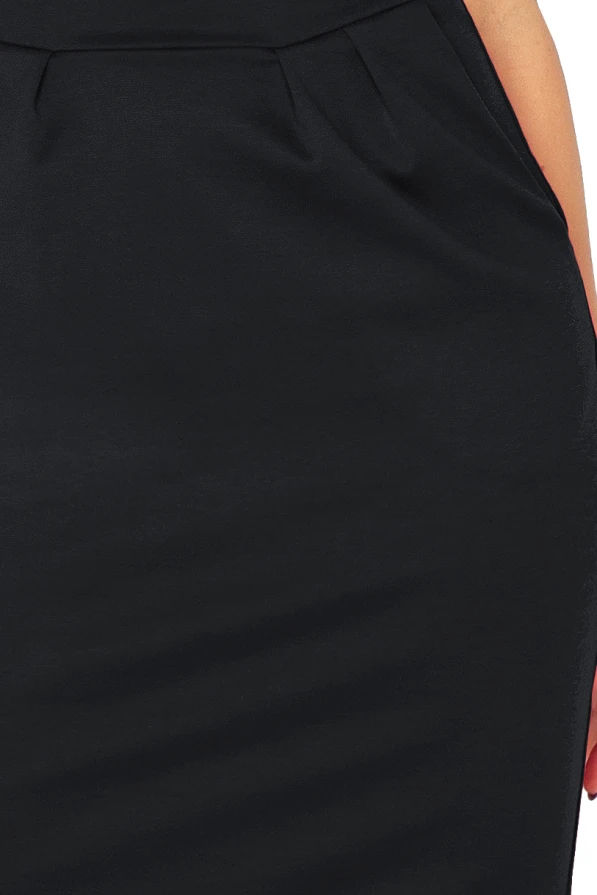 The image showcases a sleek black dress with a fitted silhouette, featuring subtle pleats at the waist for added elegance. The fabric appears smooth and slightly stretchy, offering both comfort and style.