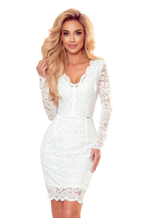 170-11 Lace dress with long sleeves and a neckline - ECRU