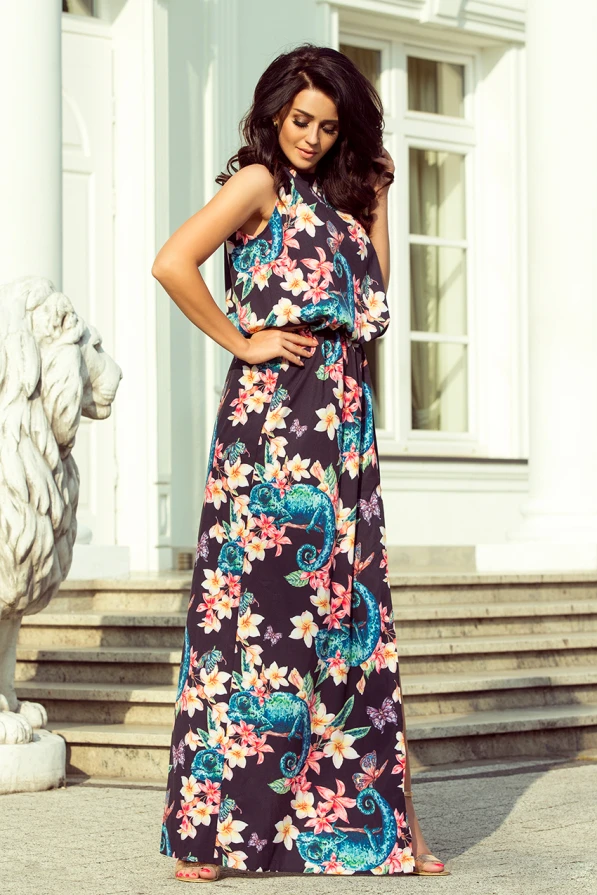 191-3 Long dress tied at the neck - chameleons and flowers