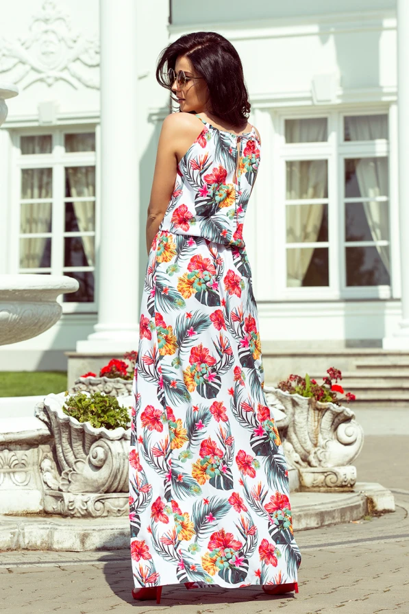 191-4 Long dress tied at the neck - flowers on a white background