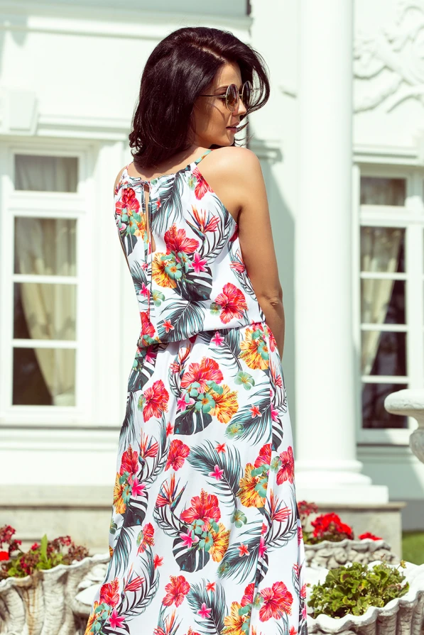 191-4 Long dress tied at the neck - flowers on a white background