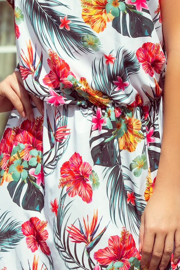 191-4 Long dress tied at the neck - flowers on a white background