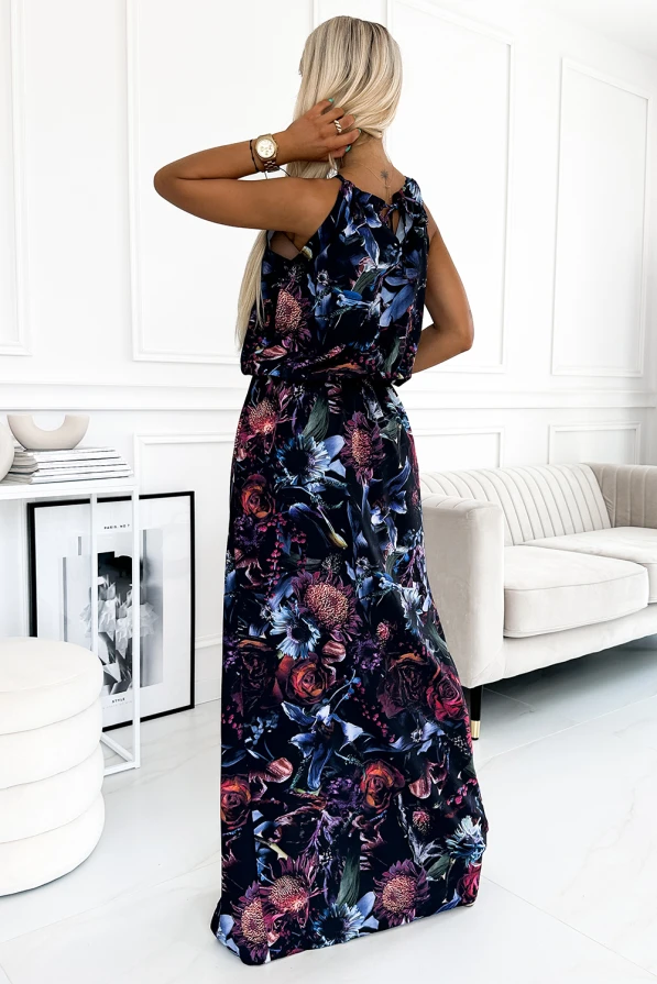 191-7 Long beach dress tied at the neck with a slit - purple dark flowers