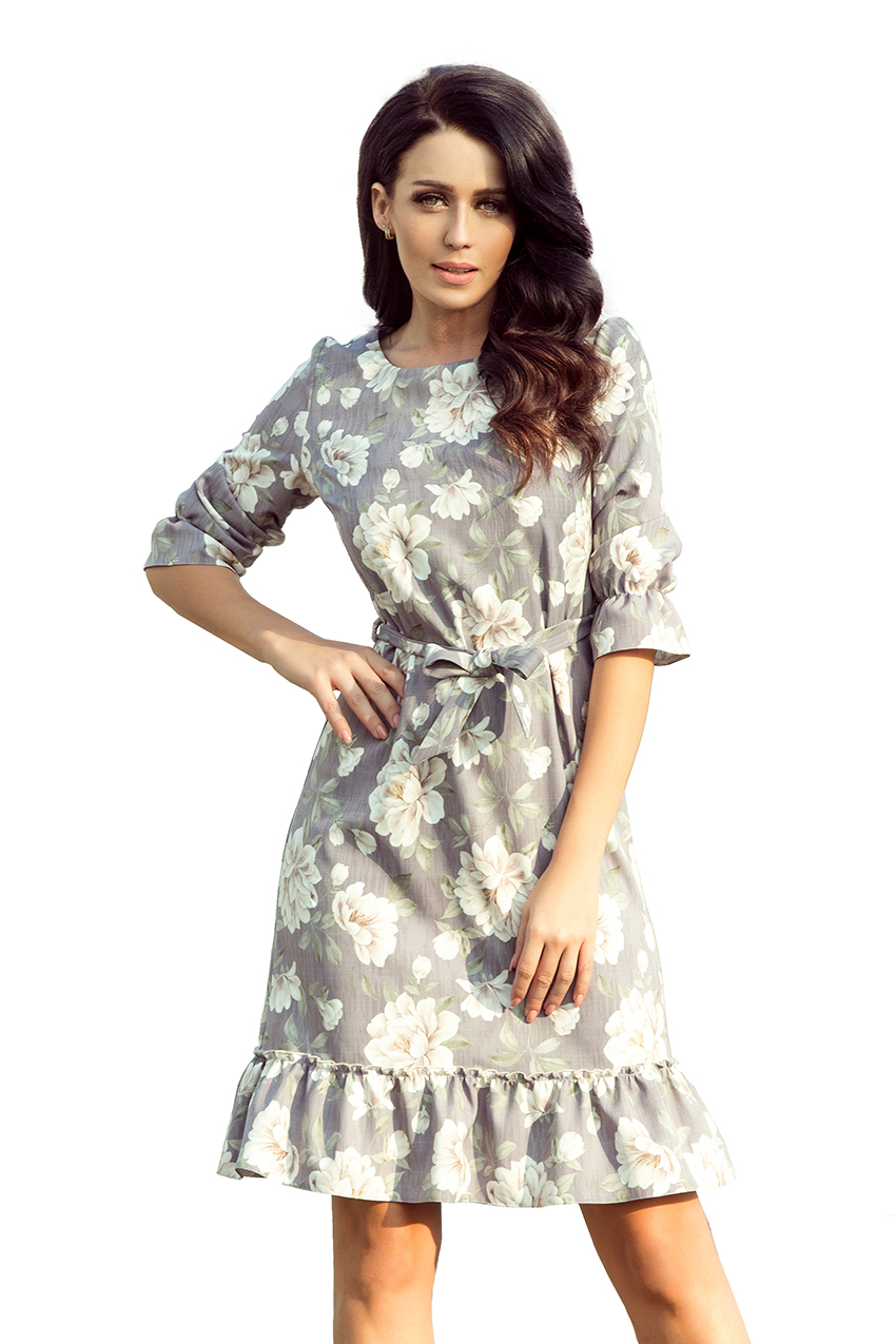 193-4 MAYA Dress with flounces and belt - bright flowers + gray - Numoco EN