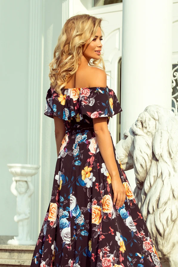 194-3 Long dress with frill - black + colorful flowers