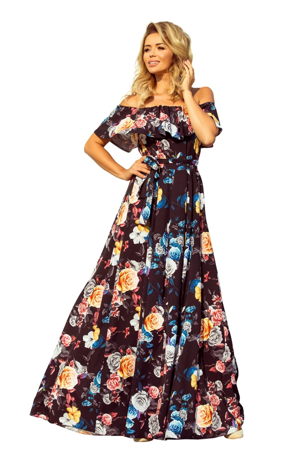 194-3 Long dress with frill - black + colorful flowers