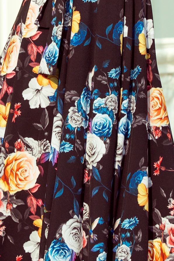 194-3 Long dress with frill - black + colorful flowers