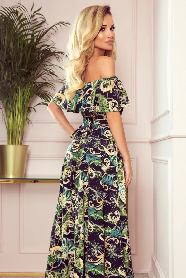 194-4 Long dress with frill - green leaves and gold chains