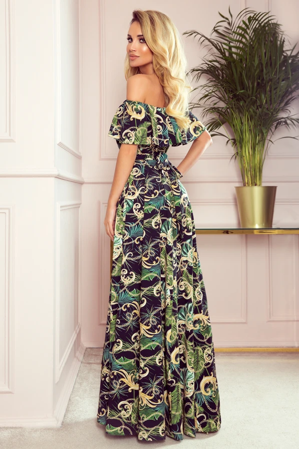 194-4 Long dress with frill - green leaves and gold chains