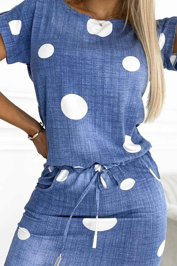 203-4 Sports dress with short sleeves - jeans + white polka dots