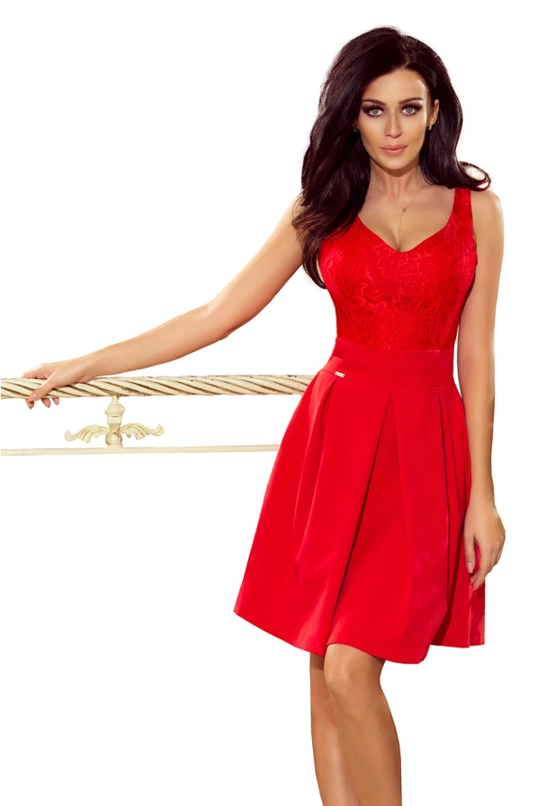 208-2 Dress with lace neckline and pleats - red
