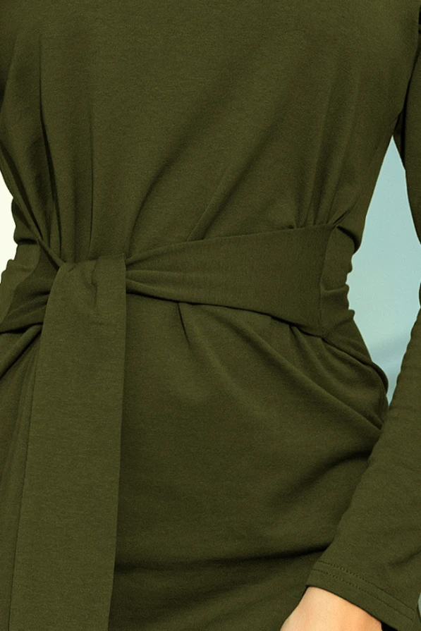 209-5 Dress with a wide tied belt - KHAKI