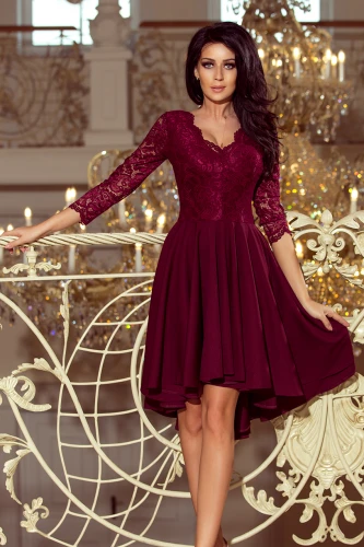 210-1 NICOLLE - dress with longer back with lace neckline - burgundy color