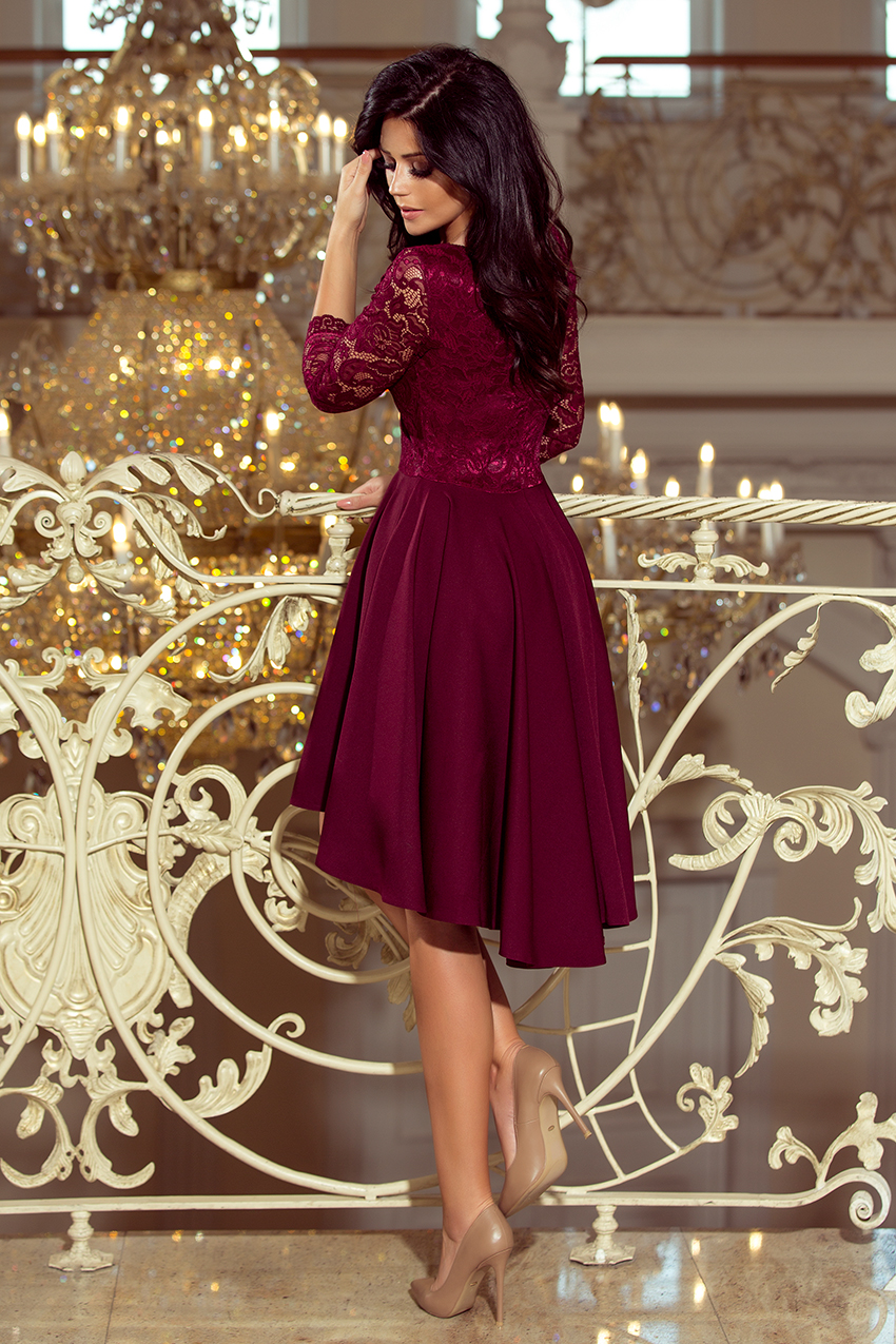 210-1 NICOLLE - dress with longer back with lace neckline - burgundy color