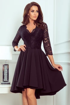 210-10 NICOLLE - dress with longer back with lace neckline - Black