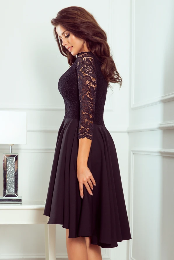 210-10 NICOLLE - dress with longer back with lace neckline - Black