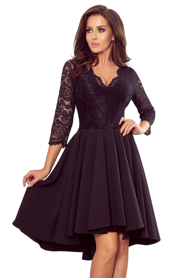 210-10 NICOLLE - dress with longer back with lace neckline - Black