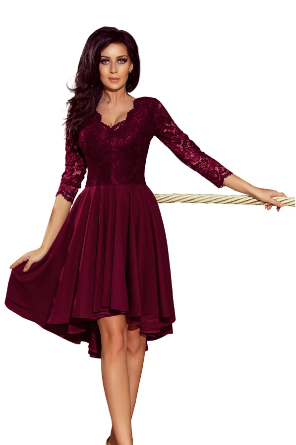 210-13 NICOLLE - dress with longer back with lace neckline - plum