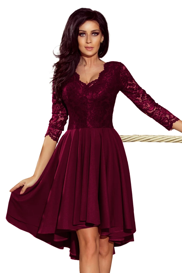 210-13 NICOLLE - dress with longer back with lace neckline - plum