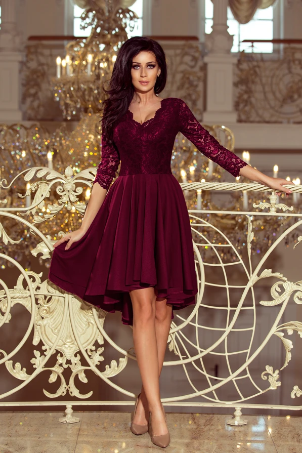 210-13 NICOLLE - dress with longer back with lace neckline - plum