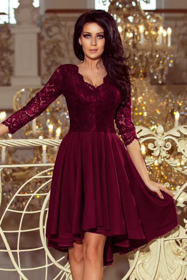 210-13 NICOLLE - dress with longer back with lace neckline - plum