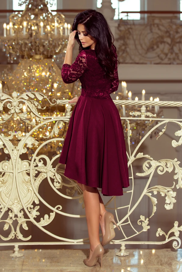 210-13 NICOLLE - dress with longer back with lace neckline - plum