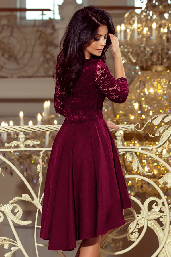 210-13 NICOLLE - dress with longer back with lace neckline - plum