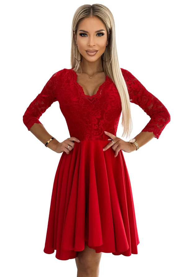 210-16 NICOLLE - dress with lace neckline and longer back - red