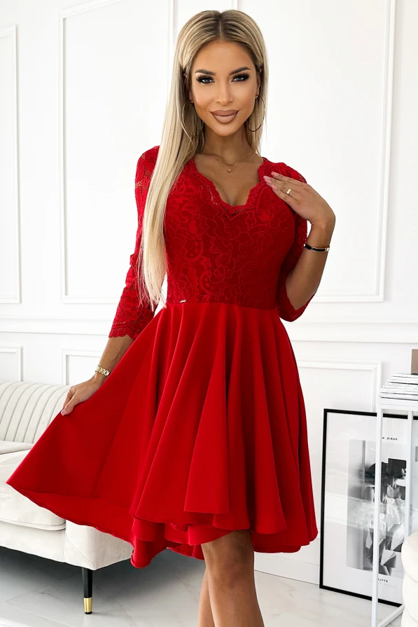 210-16 NICOLLE - dress with lace neckline and longer back - red
