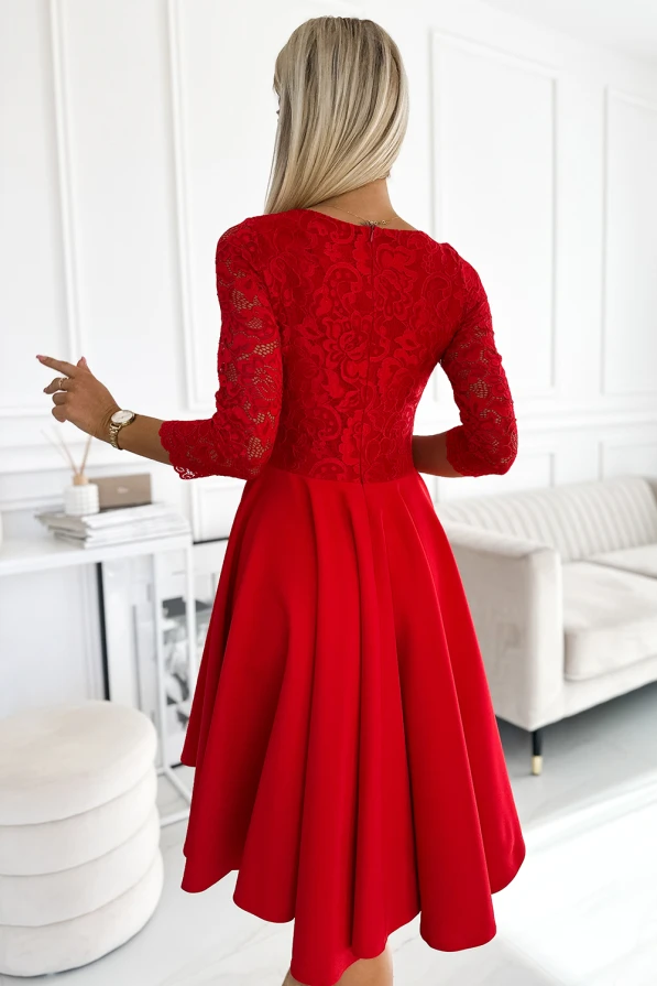 210-16 NICOLLE - dress with lace neckline and longer back - red