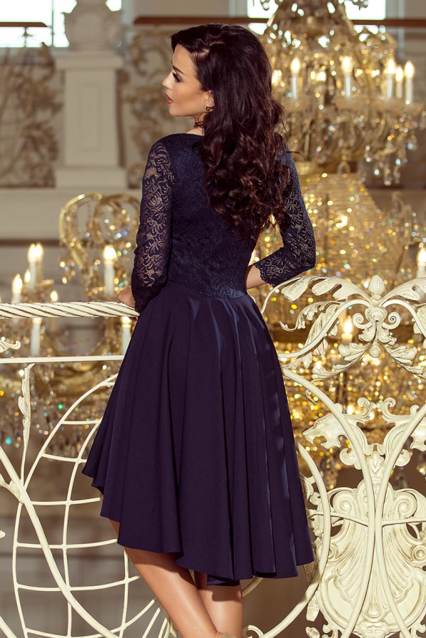 210-2 NICOLLE - dress with longer back with lace neckline - navy blue