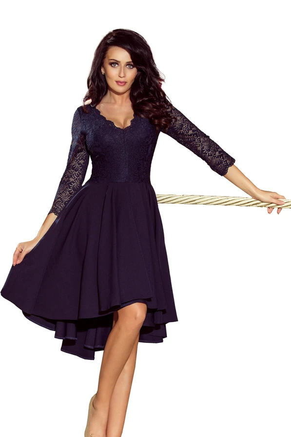 210-2 NICOLLE - dress with longer back with lace neckline - navy blue