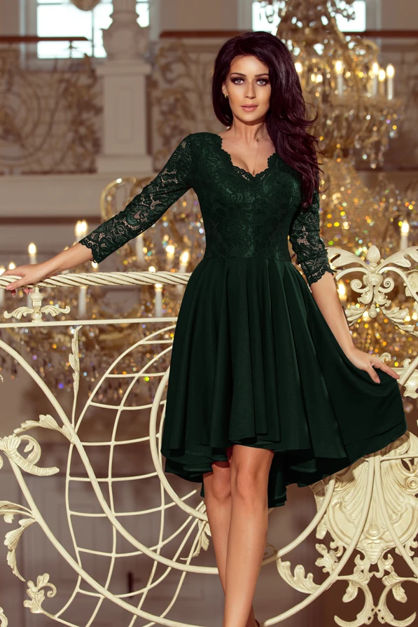 210-3 NICOLLE - dress with longer back with lace neckline - dark green