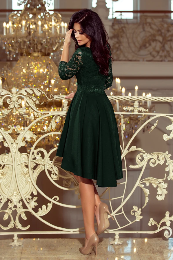 210-3 NICOLLE - dress with longer back with lace neckline - dark green