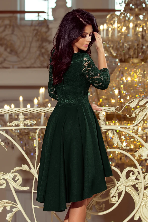 210-3 NICOLLE - dress with longer back with lace neckline - dark green