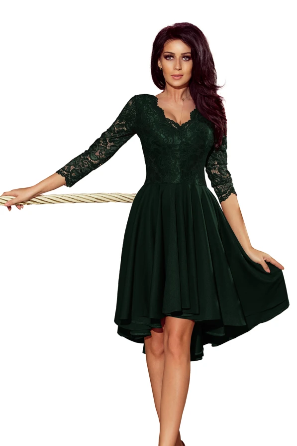 210-3 NICOLLE - dress with longer back with lace neckline - dark green