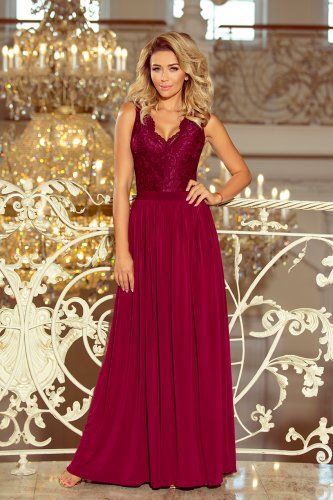 211-2 LEA long dress with lace neckline - Burgundy color