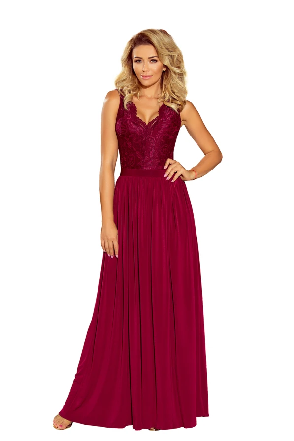 211-2 LEA long dress with lace neckline - Burgundy color