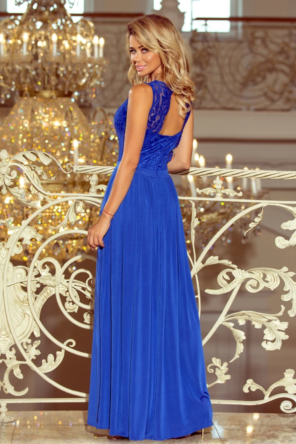 211-3 LEA long dress with lace neckline - royal blue