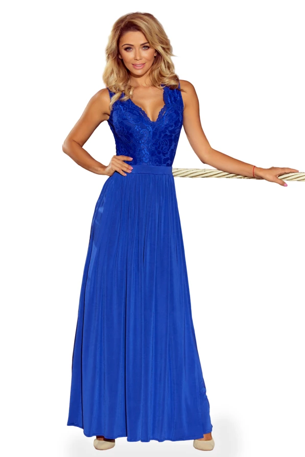 211-3 LEA long dress with lace neckline - royal blue