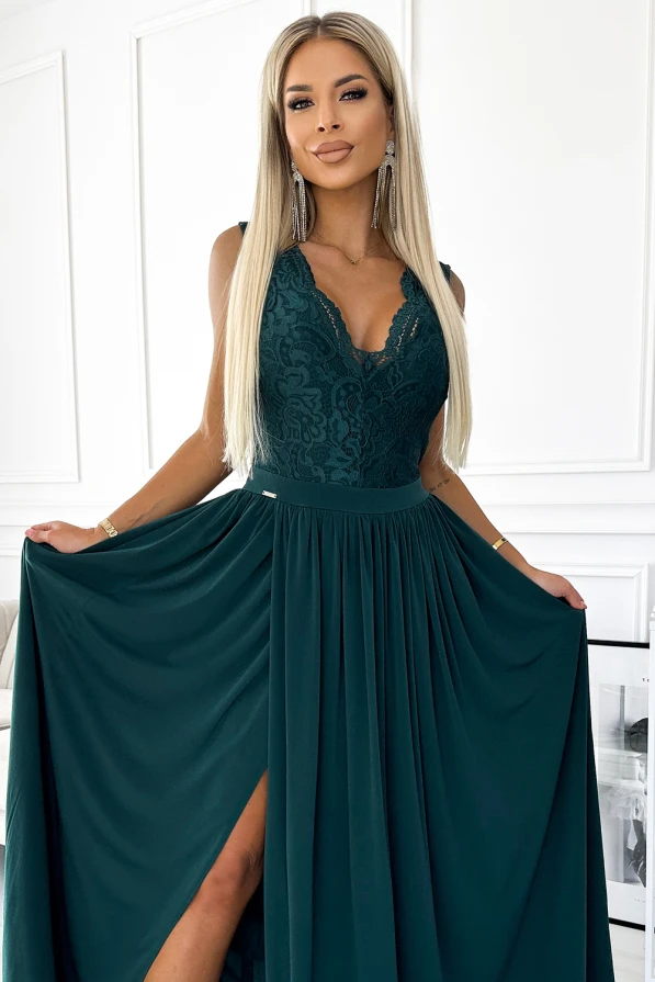 211-6 LEA long dress with lace neckline - green