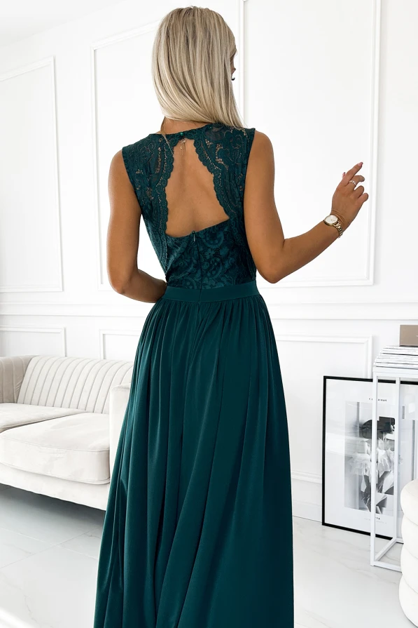 211-6 LEA long dress with lace neckline - green