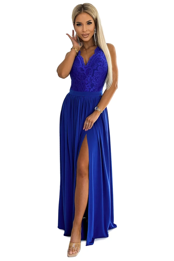 211-7 LEA long dress with lace neckline - royal blue