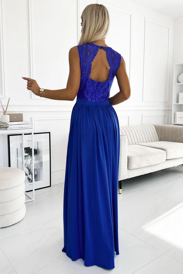 A long, elegant dress in a vibrant blue color features a lace bodice with a keyhole back design. The flowing skirt adds a touch of sophistication, perfect for formal occasions.