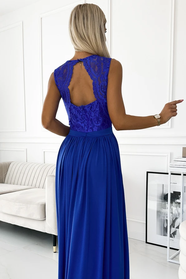 211-7 LEA long dress with lace neckline - royal blue